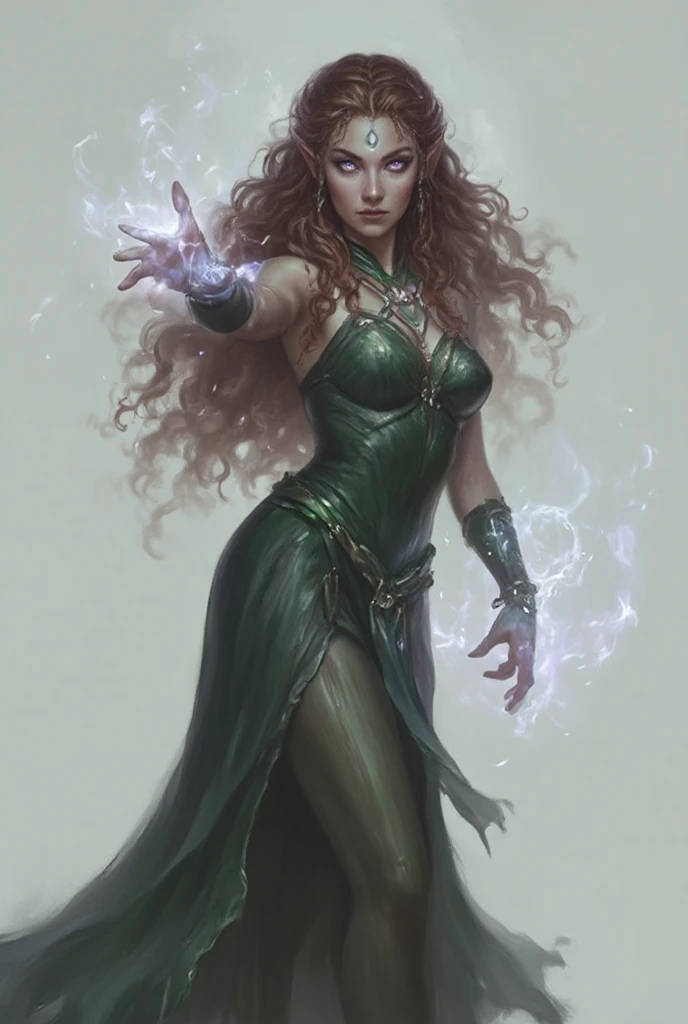 A beautiful female elf with violet eyes and curly mahogany hair. She’s a druid fighting with her magic. No background