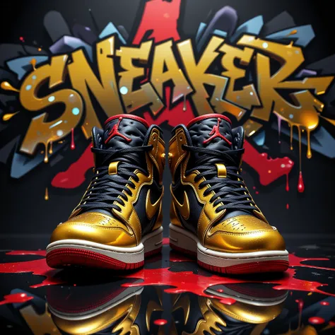 A pair of graffitied hi-top Jordan sneakers, Michael Jordan Jumpman logo background with the name "Sneaker King" in graffiti letters, the initials "SK" in graffiti on the shoes. Gold, black, red, chrome, graffiti, Kings Crown, Full image, High resolution H...