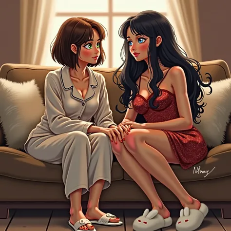 The image of two women who are talking sitting on the sofa in a living room in a relaxed way. One still wears pajamas ,  short brown hair and green eyes .  The other has a short sequin red party dress and bunny slippers .  She has long black hair , negro, ...