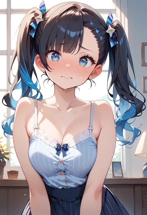 ((masterpiece, best quality, ultra detailed, high resolution, detailed facial description, perfect eyes)), (1 woman, solo), (black hair, blue inner color hair:1.3, asymmetrical bangs, twintails), (turime), (cropped white camisole, blue strap), (belted mini...