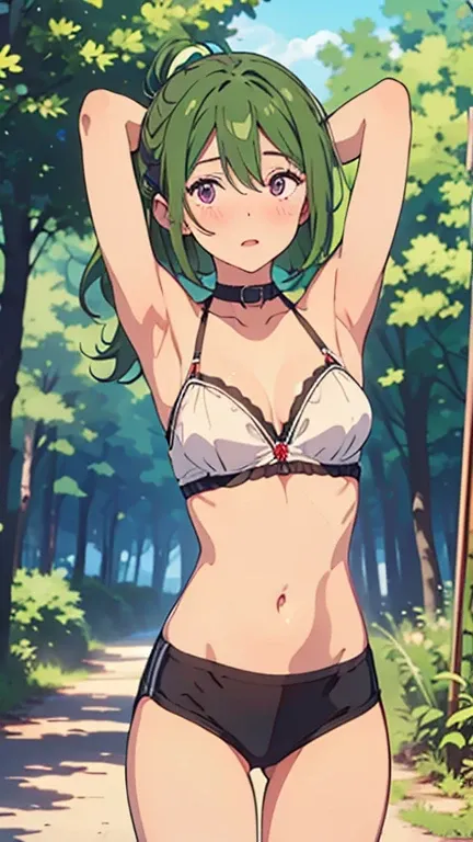 Ubel, looking viewers, Collar Bones, armpit, small breast, cleavage, green hair, (((half-open eyes))),violet eyes, belly, stomach, navel, mini short, slim body, 薄ら笑い, blush, thigh, background in forest , detailed illustration, anime style,Cel animation,Car...