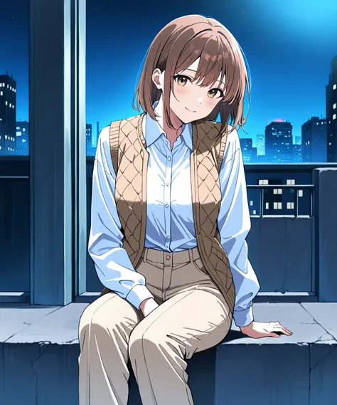 beautiful sexy anime girl with long brown hair, wearing white sleeveless button up collared shirt with a blue quilted open vest over it & beige khaki pants, sitting on a concrete at a dark urban backstreet, dark night sky, 1girl, solo