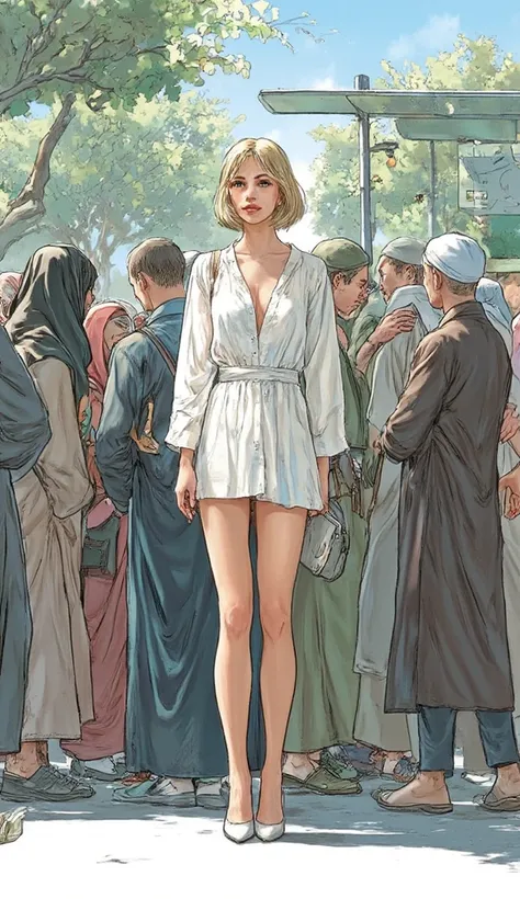 comic, ((high resolution, super detailed drawing)), ((emphasis on small details and the atmosphere of the scene)) summer, beautiful European girl, sexy body, fitness model, bob haircut blonde, in a white short tunic, bare legs, bare shoulders, on white hee...