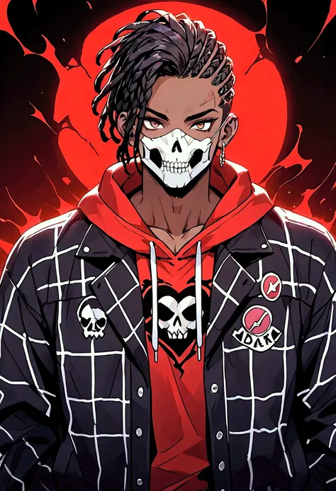 8K, Best Quality, 1boy, dark skin male wearing an red shirt(broken heart logo) and black flannel hoodie, skull-themed facemask, faded haircut, hazel eyes, cornrows, black hair, gangster streetwear 