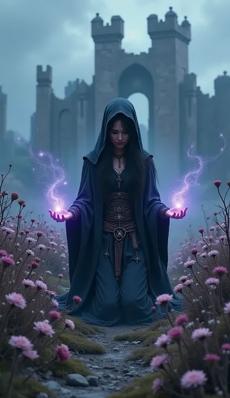 A medieval necromancer in a tattered black robe kneeling in a field of withered flowers. Her hands emit a purple glow as translucent spirits float around her. The landscape is shrouded in mist, with a ruined castle in the background. Dark fantasy style, my...