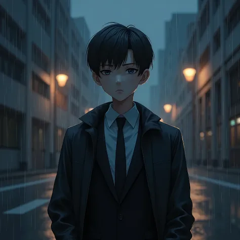 Boy with black suit hair and blue inside with a tie with a black rain jacket 