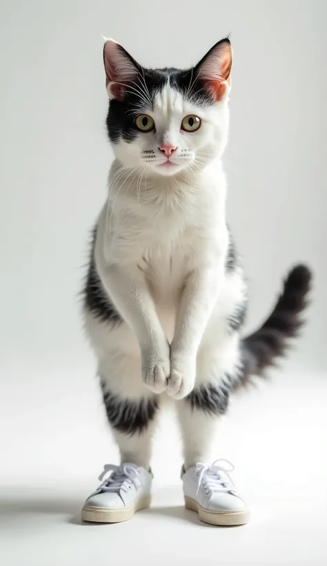   A realistic and cute cat ,  that stands on their hind legs  ,   forward, she;   wears a short  , Club Outfit. . white sneaker socks and  、  I wear pure white sneakers  .  has soft fur mixed with white and black spots .  Erhöhen she die Niedlichkeit Ihrer...