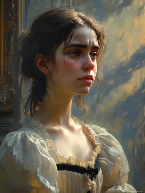 Portrait of a young woman, beautiful,(((  sad ))),(Longing), by Monet,  dynamic lighting , Artstation, cartel,  volumetric lighting , very detailed, 4 thousand, awarded,