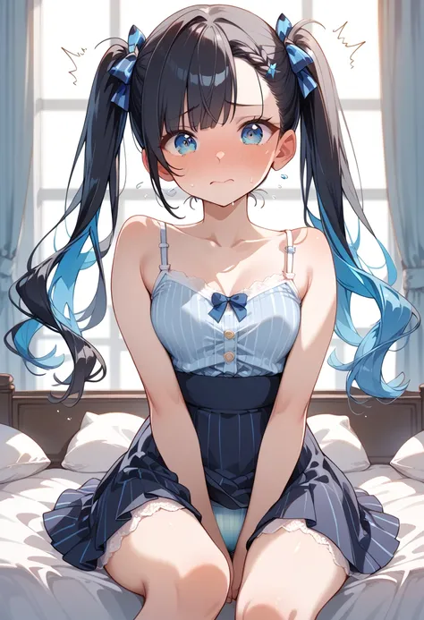 ((masterpiece, best quality, ultra detailed, high resolution, detailed facial description, perfect eyes)), (1 woman, solo), (black hair, blue inner color hair:1.3, asymmetrical bangs, twintails), (turime), (cropped white camisole, blue strap), (belted mini...