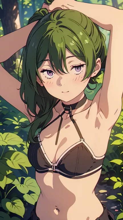 Ubel, looking viewers, Collar Bones, armpit, small breast, cleavage, green hair, (((half-open eyes))),violet eyes, belly, stomach, navel, mini short, slim body, 薄ら笑い, blush, thigh, background in forest , detailed illustration, anime style,Cel animation,Car...