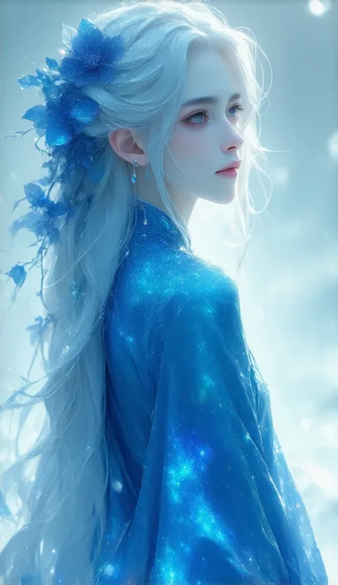  tea hair　Ultramarine　I'm looking at space
White skin is so beautiful 　 starry sky 　 Kasumigusa
Her expression is so beautiful that it's indescribable　Full body
地面を見ている綺麗な後ろ姿　
In white light 　The drops are shining beautifully　
　 beautiful little flowers la...