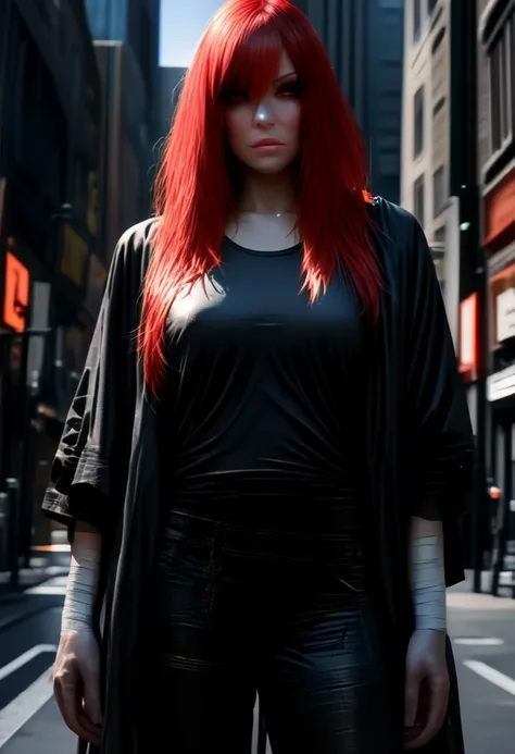 A beautiful woman with long, flowing red hair and piercing red eyes, wearing a black haori draped over her shoulders, a black tank top, and bandages wrapped around her forearms, paired with black parachute pants, standing alone in a striking city backgroun...