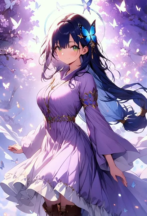 (masterpiece),(best quality),(ultra-detailed),(best illustration),(best shadow),(detailed background), 1girl, solo, green-eyes, long-hair, blue-hair, smile, dress, knee-boots, low-tied-long-hair, breasts, purple-dress, simple-background, looking-at-viewer,...