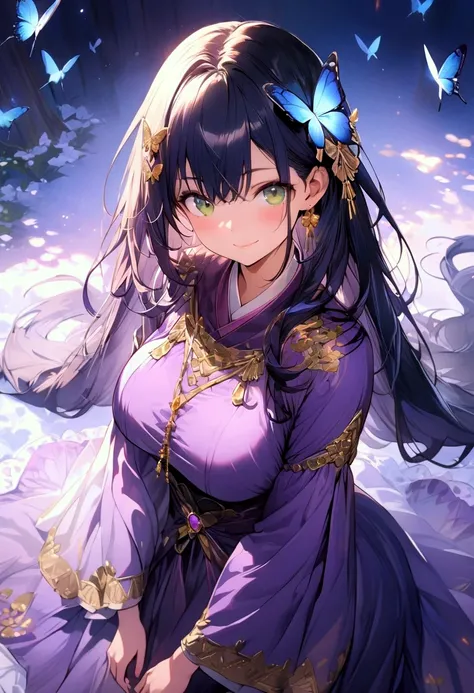 (masterpiece),(best quality),(ultra-detailed),(best illustration),(best shadow),(detailed background), 1girl, solo, green-eyes, long-hair, blue-hair, smile, dress, knee-boots, low-tied-long-hair, breasts, purple-dress, simple-background, looking-at-viewer,...