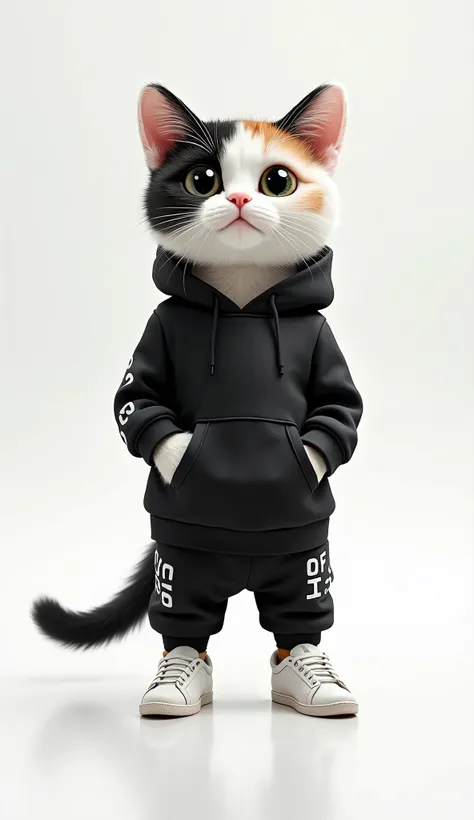   A realistic and cute cat ,  that stands on their hind legs  ,   forward, she;   wears a short  , black hoodie without pockets.  wears cool black sweatpants with neon prints . white sneaker socks and  、  I wear pure white sneakers  .  has soft fur mixed w...