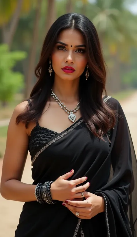 A Bold hot woman of South Asian ethnicity, appearing to be in her thirty, is centrally positioned in the image. She is wearing a vibrant black small frock looking so sexy, her big boobs,She fingering in her novel is realistic a modern Indian Instagram infl...