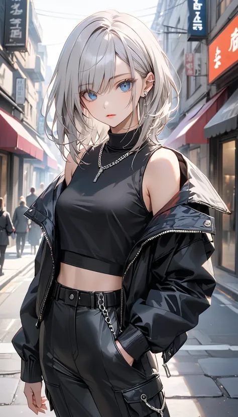 A young woman in her early 20s, tall and slender with a striking, stoic presence. Her silver hair, sleek and straight, flows neatly past her shoulders, contrasting with her bold choice of streetwear. Her piercing blue eyes, framed by a touch of smoky eyeli...