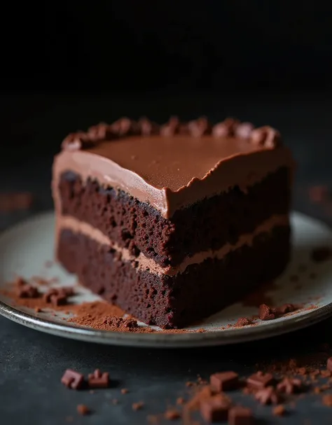 cinematic film still chocolate, chocolate cake, dark background, quality photo, moist texture, frosting, studio photo, slice . shallow depth of field, vignette, highly detailed, high budget, bokeh, cinemascope, moody, epic, gorgeous, film grain, grainy