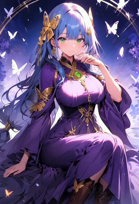 (masterpiece),(best quality),(ultra-detailed),(best illustration),(best shadow),(detailed background), 1girl, solo, green-eyes, long-hair, ((blue-hair)), smile, dress, knee-boots, low-tied-long-hair, breasts, purple-dress, simple-background, looking-at-vie...