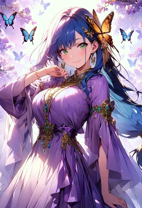 (masterpiece),(best quality),(ultra-detailed),(best illustration),(best shadow),(detailed background), 1girl, solo, green-eyes, long-hair, ((blue-hair)), smile, dress, knee-boots, low-tied-long-hair, breasts, purple-dress, simple-background, looking-at-vie...