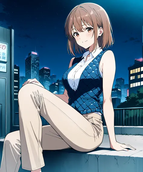 beautiful sexy anime girl with long brown hair, wearing white sleeveless button up collared shirt with a blue quilted open vest over it & beige khaki pants, sitting on a concrete at a dark urban backstreet, dark night sky, 1girl, solo