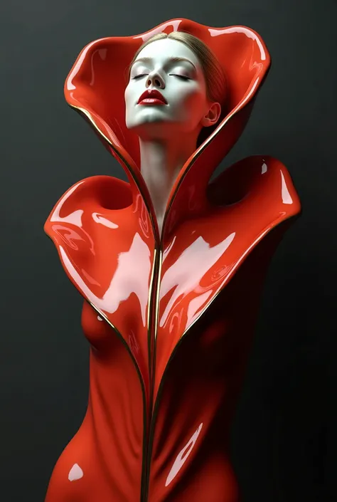 abstract logo, surreal glossy porcelain sculpture art, a woman in red lips, transformed of glossy fabric and glosssy long and large tulip flower, tThe tulip petals cover the body's chest and lower abdomen, the fabric covered her body, red and white, dark g...