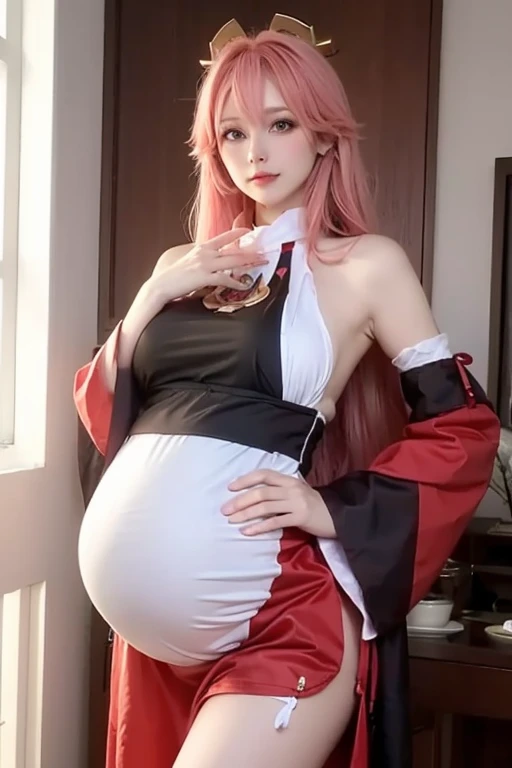 a tall cut woman that is pregnant with long smooth hair wearing a maids outfit