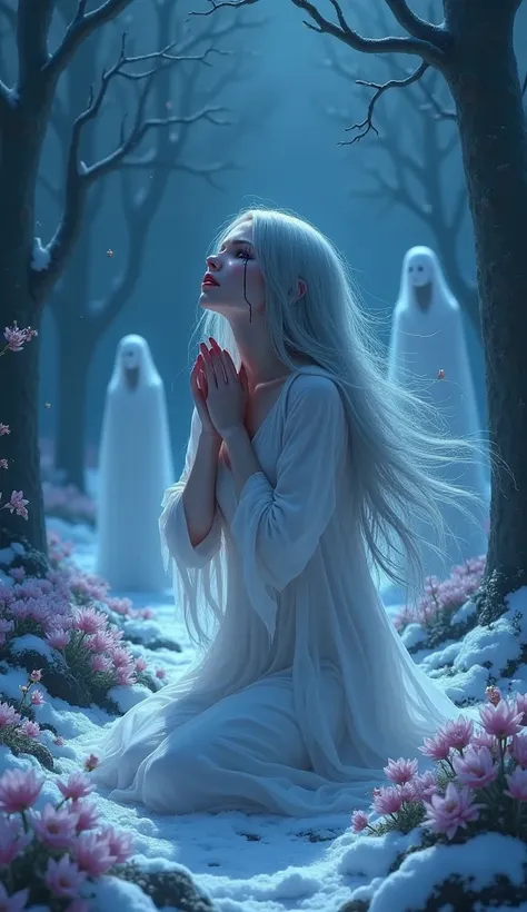 "A banshee with silver hair kneeling among frozen flowers, her hands raised toward the sky as black tears stream from her eyes. A cold, bluish light surrounds the scene, and ghostly figures of lost souls hover nearby. The landscape is desolate and icy, wit...