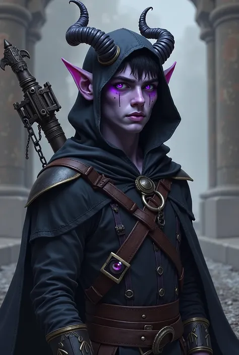 Create a character image from a dungeons and dragons game. The young, male champion is a tiefling (dark elf) with grayish-purple skin, black hair and lavender eyes. It has very short horns protruding from under its hood. He is a villain with a bow on his b...