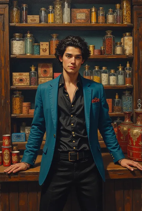 by john_william_waterhouse+Caravaggio+modern_baroque, oil_painting in intense hard colors of a young man slim-fit .black wavy hair, toned body, tall, caristmatic face expression, smiling,  Latino very gourgeus looking at the camera behind the counter of a ...