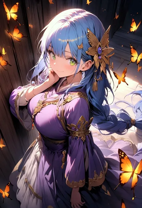 (masterpiece),(best quality),(ultra-detailed),(best illustration),(best shadow),(detailed background), 1girl, solo, green-eyes, long-hair, ((blue-hair)), smile, dress, knee-boots, low-tied-long-hair, breasts, purple-dress, simple-background, looking-at-vie...