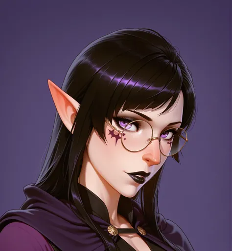 8k, thick, Beautiful, tall, strong, green yellow skin, green skin tone, female half orc half elf, German woman, long hair, long black hair, straight bangs, hair bangs, black bangs, dark black hair, round glasses, purple eyes, thin lips, black lipstick, all...