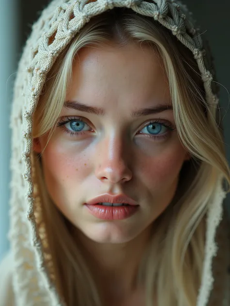 A realistic, detailed 8K image of a beautiful blonde woman with big blue eyes, red cheeks, shiny eyes that shed tears, tears fall on her cheeks, wearing a perforated wool cover on her head 