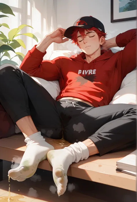 LiaqN, Red haired man, Handsome, Wearing a red hoodie cap black skinny pants Smelly and Sweaty Socks, He's trying to make me sniff his stinky socks. Steam coming out of my feet.Leaking pee. Large pee stain in crotch.sleeping