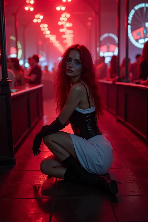 A latina woman in dancining in  at a nightclub  with cages around her where people are dancing, its a gothic style nightclub, red hair sitting there with a black corset and white linnen dress, smoky blue makeup, neon red lighting next to her, a light on he...