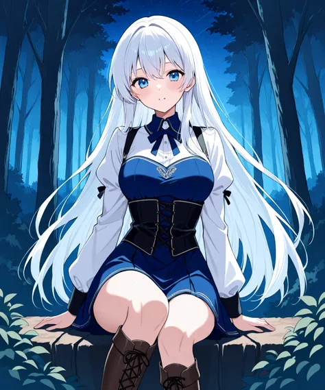 beautiful anime girl with long white hair & blue eyes, wearing blue and white medieval dress with short skirt & medieval laced-up over the knee boots, lost in a dense forest in a dark night sky, 1girl, solo