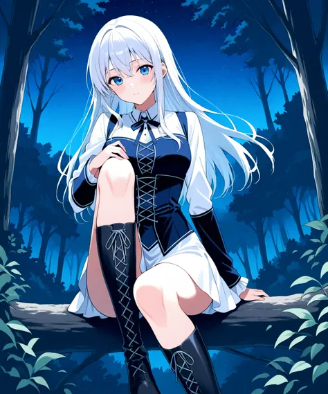 beautiful anime girl with long white hair & blue eyes, wearing blue and white medieval dress with short skirt & medieval laced-up over the knee boots, lost in a dense forest in a dark night sky, 1girl, solo