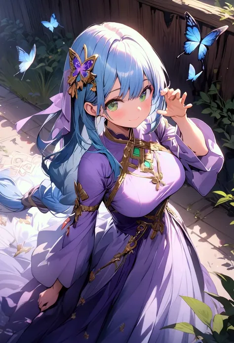 (masterpiece),(best quality),(ultra-detailed),(best illustration),(best shadow),(detailed background), 1girl, solo, green-eyes, long-hair, ((blue-hair)), smile, dress, knee-boots, low-tied-long-hair, breasts, purple-dress, simple-background, looking-at-vie...