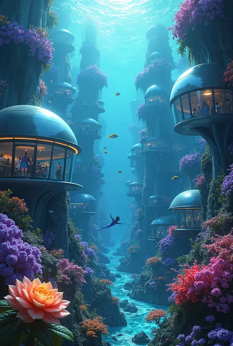  a city with many houses under the sea people and fish purple flowers, bright roses ,  yellow flowers with light ,  and much improved intelligence 