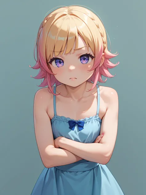 kawaii loli anime , flat chest girl , (Forced cleavage:0.5) , Draw breasts inward by hands and push them up , Arms crossed , bend over , An open-necked dress