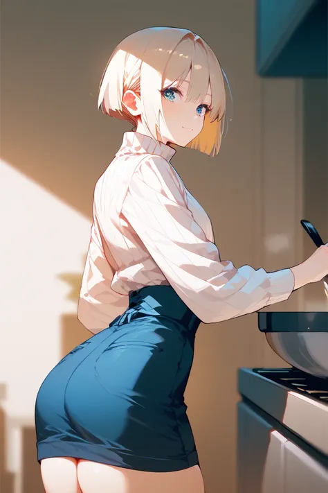 cute boy,  very long and smooth blonde hair, pale skin,  black turtleneck sweater, short blanco,  narrow waist ,  wide hips ,  thick thighs,  Breasts. FROM BACK, standing cooking . femboy.  flat chest .