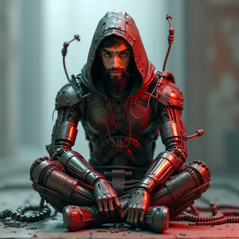 Full body of a young hooded bearded man, short black beard, reflection of red on whole body, he is sitting on the floor, his body are metallic industrial gears, 3D model , realistic , the art work captures soul absorbed in circuitry and disarray trough an ...