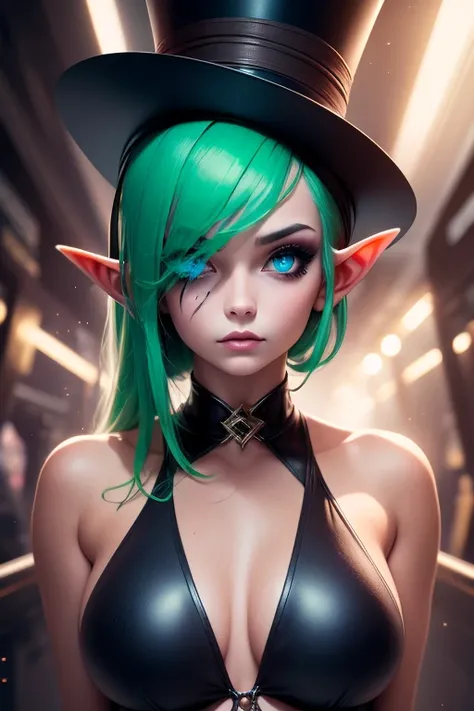 best quality, high-resolution, Necro woman, 1girl, elf, nsfw, sexy swimsuit, gothic makeup smudged, blue-green colored eyes , powerful, time theme, floating in space, controlling dark sphere, top-hat, portrait, face focused,