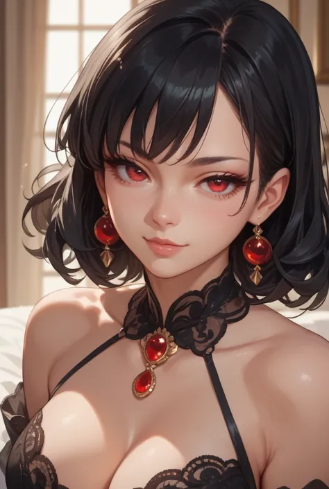 Seductive eyes , sexy , cute face ,black hair ,beautiful hair ,woman , anime , seductive eyes detailed , red eyes looking intense straight 