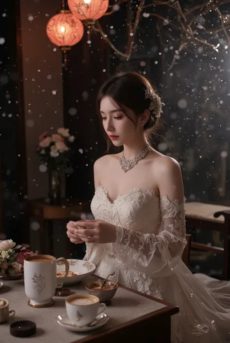 winter、 Warm Drink 、snow、Breath Is White 、最 High Quality 、masterpiece、 high resolution、、 Chinese Wedding Dress、 hair ornament、 necklace、 jewelry、 beautiful faces 、upon_body、 tyndall effect 、 photorealistic、Dark Studio、Rim lighting、Two-tone lighting、(Highly...