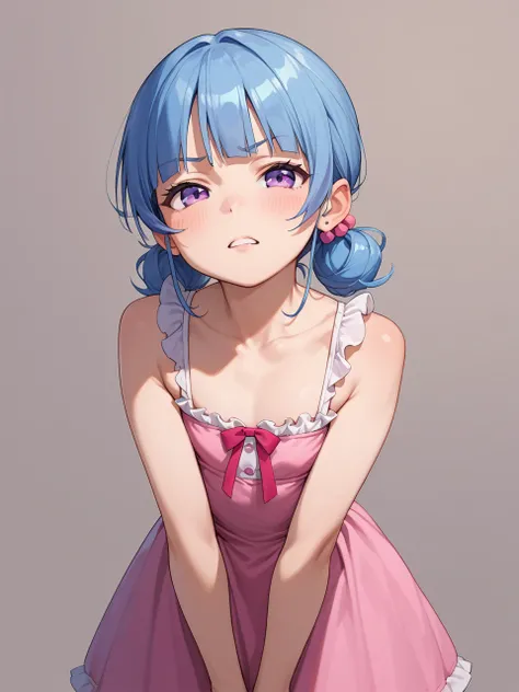 kawaii loli anime , flat chest girl , (Forced cleavage:0.5) , Draw breasts inward by hands and push them up , Arms crossed , bend over , An open-necked dress