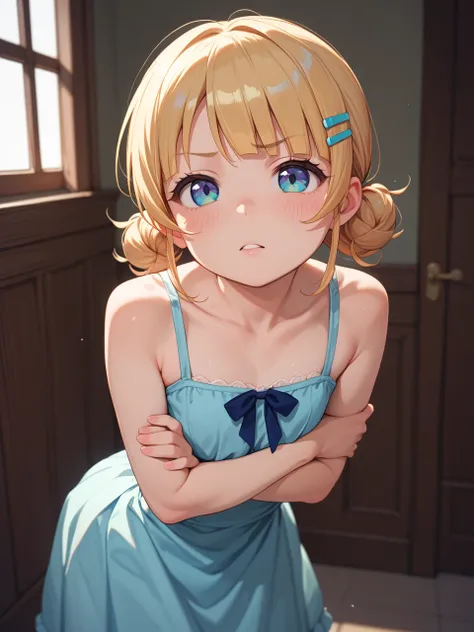 kawaii loli anime , flat chest girl , (Forced cleavage:0.5) , Draw breasts inward by hands and push them up , Arms crossed , bend over , An open-necked dress