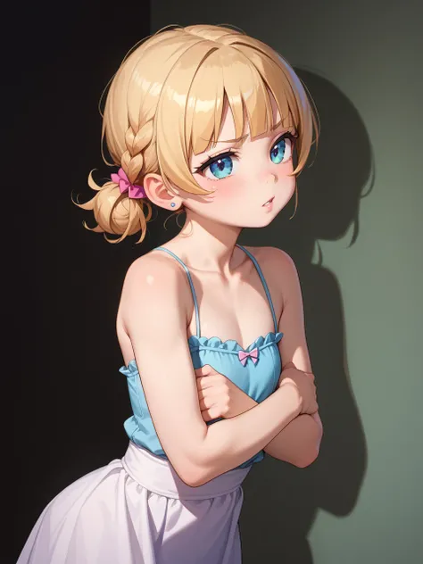 kawaii loli anime , flat chest girl , (Forced cleavage:0.5) , Draw breasts inward by hands and push them up , Arms crossed , bend over , An open-necked dress