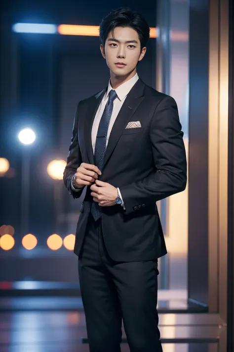 Blurred daytime scenery, Presenting, (full body shot1.5), {a handsome japanese k-pop idol man:1.2}, {wearing a classic suit and tie:1.2}, stylish suit made of fine fabric, formal coordination, detailed eyes, detailed lips, extremely detailed face, best qua...