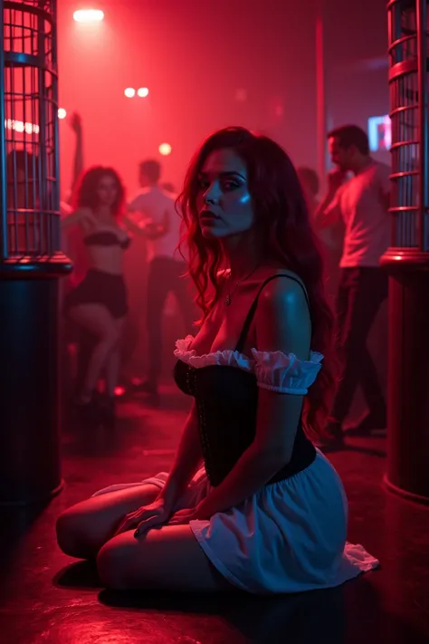 A latina woman in dancing in  at a nightclub  with cages around her where people are dancing, its a gothic style nightclub, red hair sitting there with a black corset and white linnen dress, smoky blue makeup, neon red lighting next to her, a light on her ...